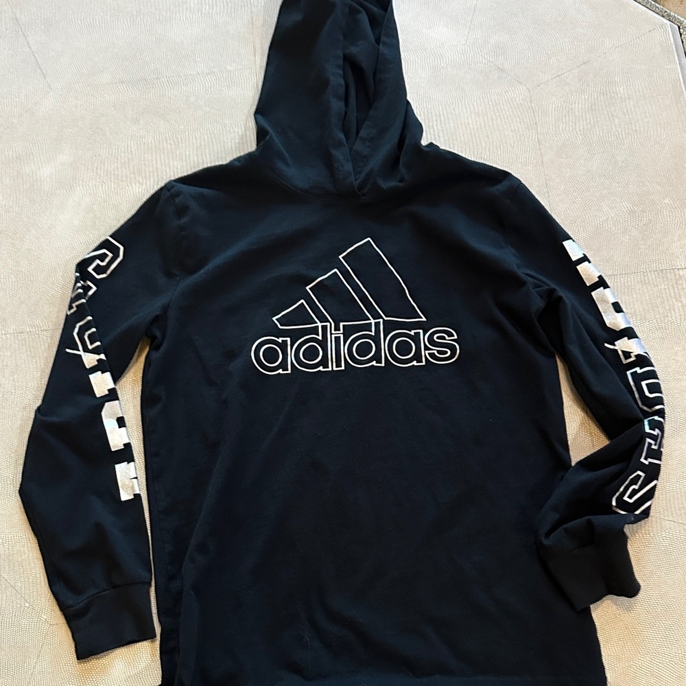 Adidas Black Hoodie with White  and silver Graphic Sleeves